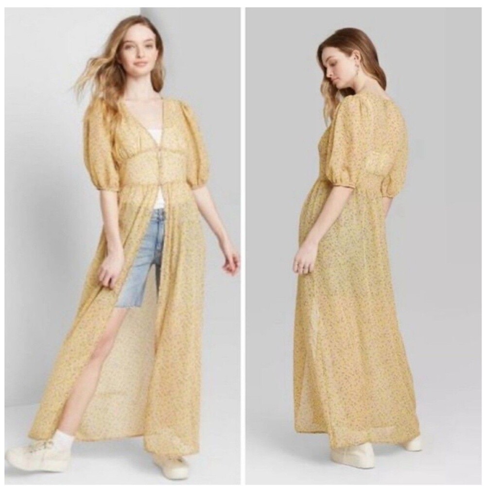 Wild Fable Ditsy Floral Sheer Maxi Dress Womens Yellow Brown SZ S